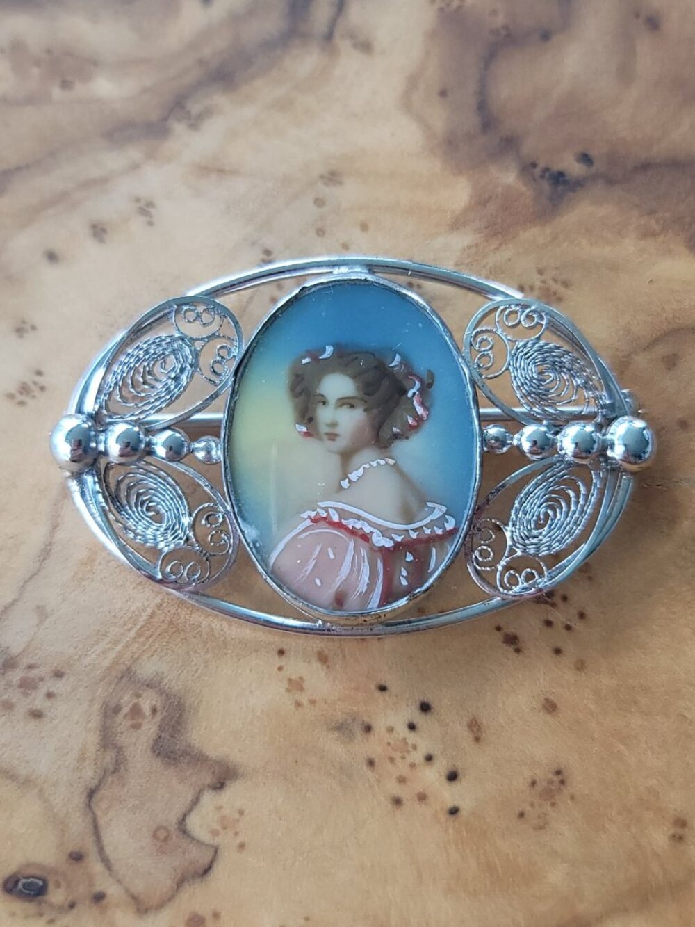 Sterling & Porcelain Portrait Brooch by Carl Art
